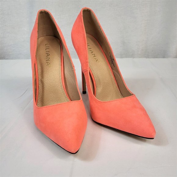 Liliana Shoes - Liliana Neon Coral Faux Suede Single Sole Pointy Toe Pump 5" Heel Shoe